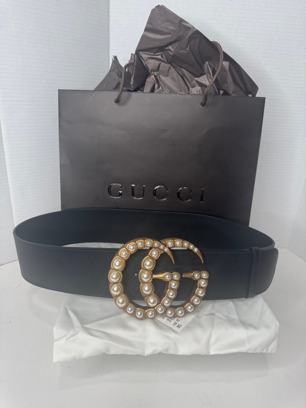 Gucci Jumbo Pearl GG Marmont Black Wide Leather Belt- NWT Size 95